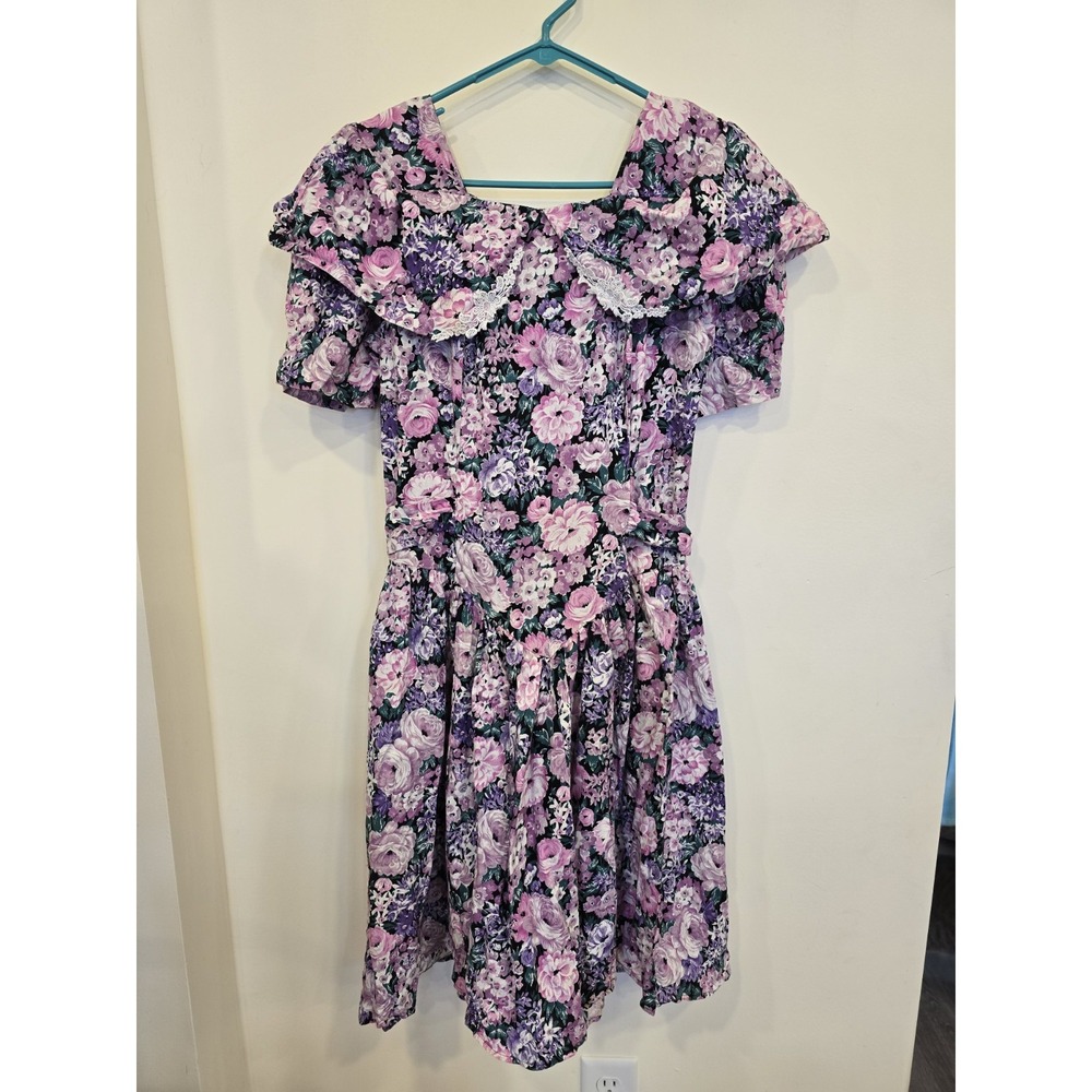 VTG Jodi Michaels Floral Dress Size 11 Purple Pink 90s‎ Cottagecore Fit & Flare